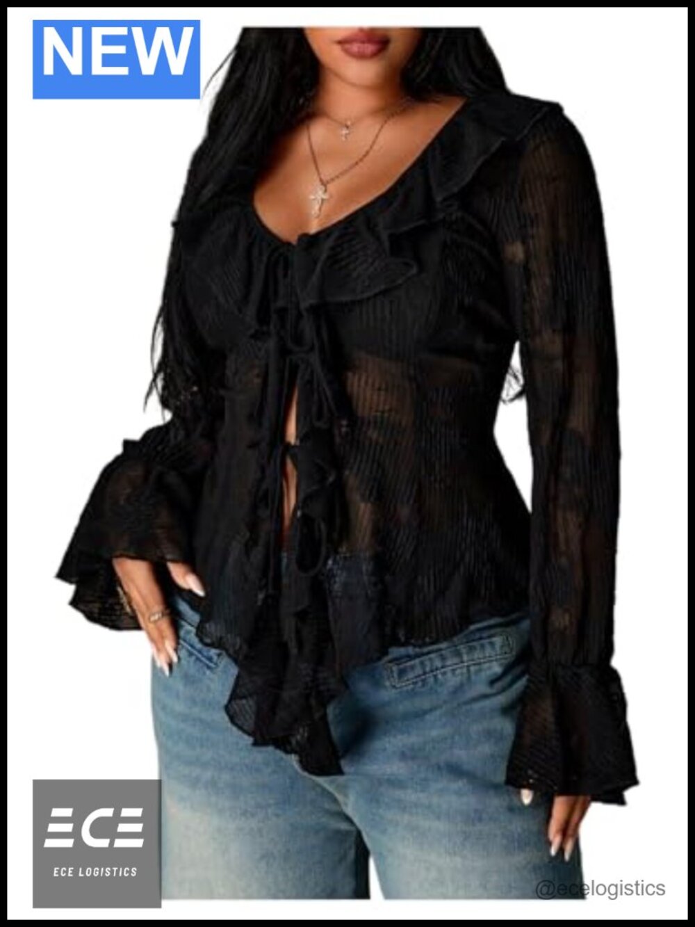 Plus Size Tie Front Ruffle Bell Sleeve V-Neck T-Shirt Blouse